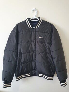 Champion Men's Varsity Bomber Puffer Jacket - Black and White- Size Small